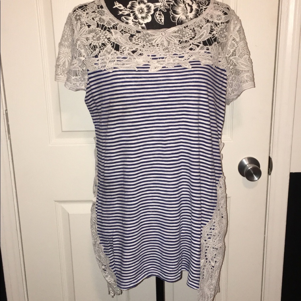 Hannah Tunic Navy and Cream striped with lace.